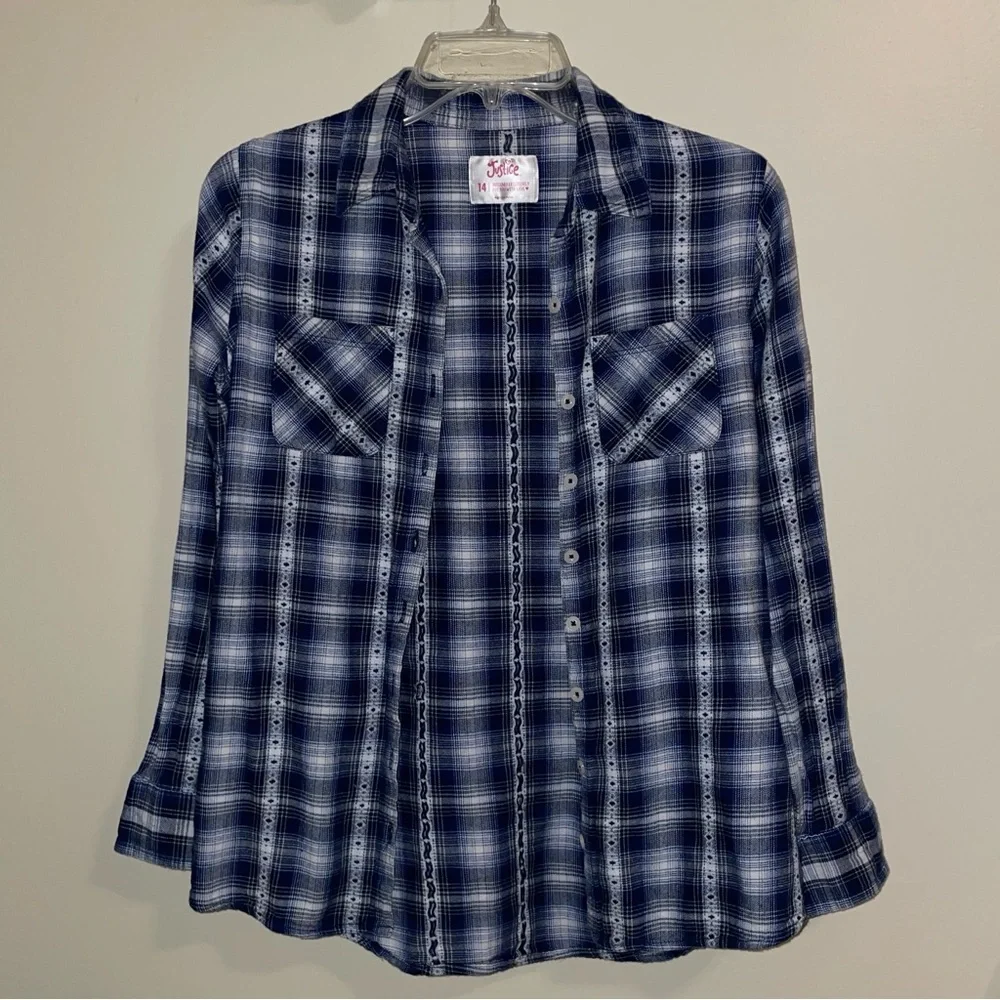 Justice Blue and White Plaid Top